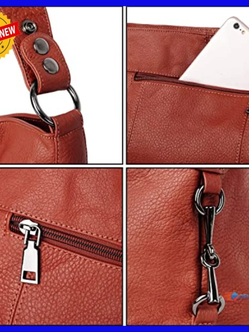 Large Genuine Leather Hobo Shoulder Bag with Crossbody Strap